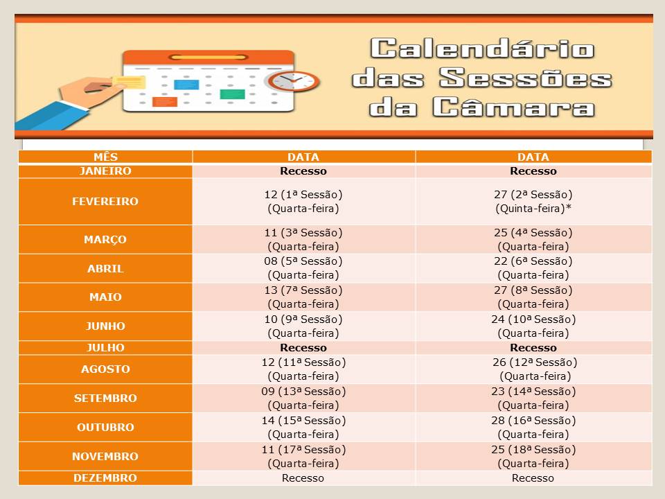 Calendário da Sessões Ordinárias - Exercício 2020