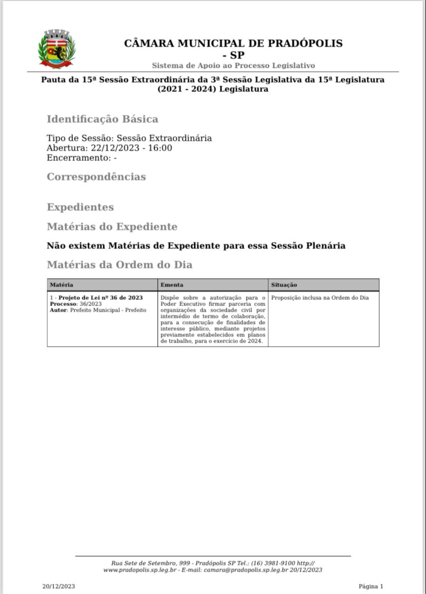 Pauta 15ª Sessão Extraordinária